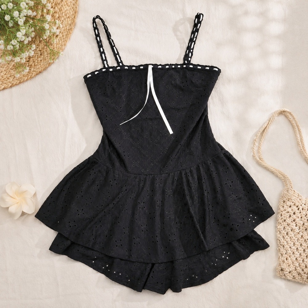 Y2K Black Eyelet Lace Romper Tiered Ruffle Coquette Dollcore Ribbon Womens Large